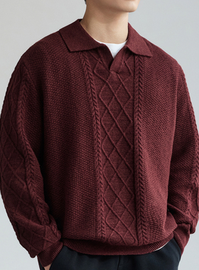 冬季红色提花纹理针织毛衣男新款宽松大码Polo衫翻领百搭休闲上衣