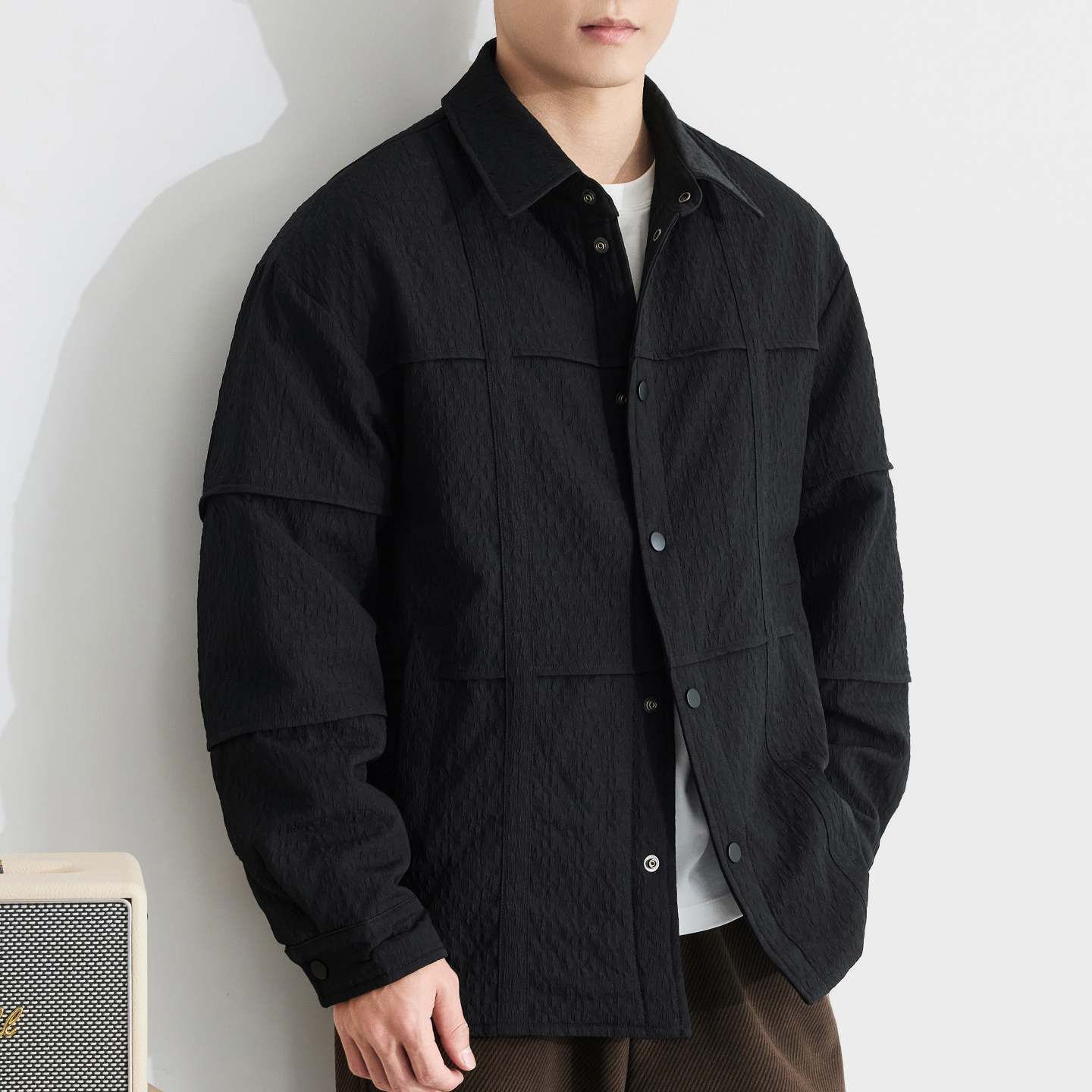 复古肌理感压花衬衫式羽绒服男