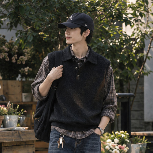 希越秋新日系老钱风翻领男马甲