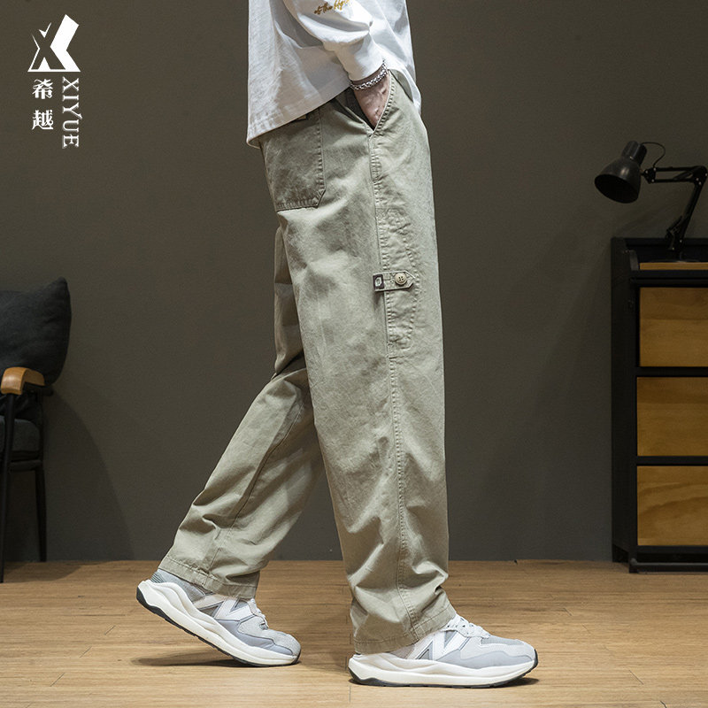 美式直筒休闲裤男春秋季复古工装裤子宽松大码男士胖子纯棉长裤潮