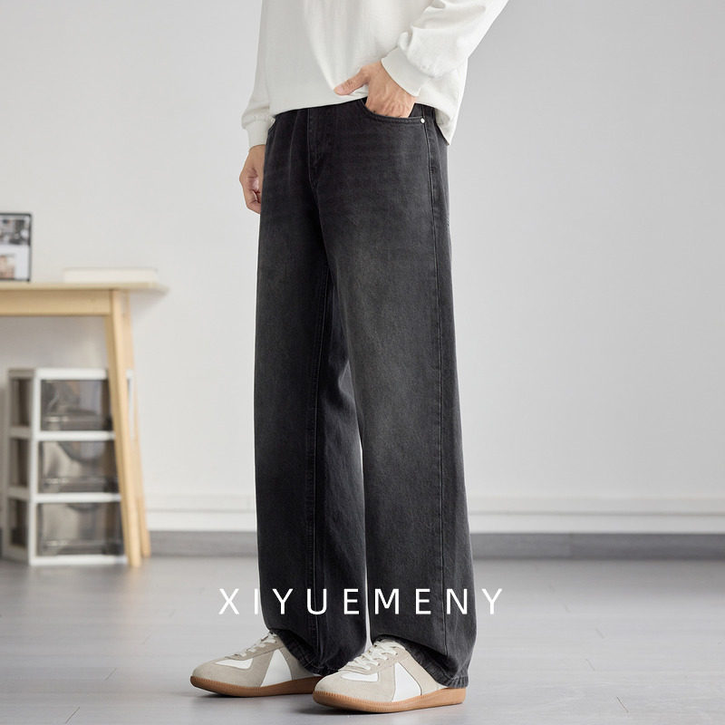 460g竹节棉直筒牛仔裤男士2025秋冬季新款宽松大码复古黑色长裤子