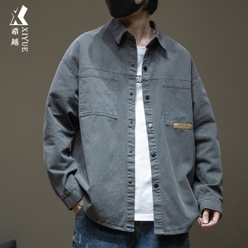 希越秋季新款长袖衬衫男士休闲衬衣男大码秋冬加绒加厚工装外套潮