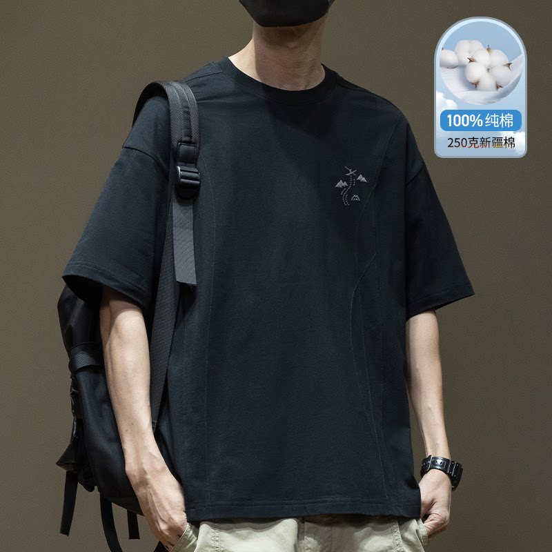 设计感250g新疆棉刺绣短袖T恤男2026夏季新款宽松大码五分袖体恤