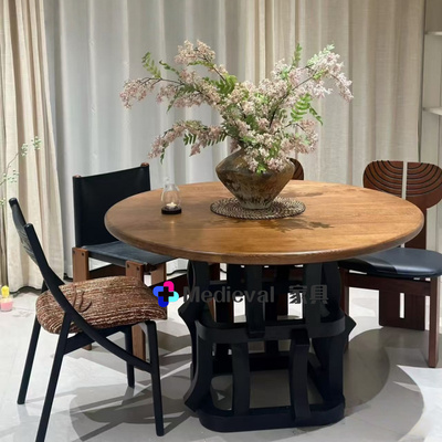 中古复古圆形实木餐桌设计师创意家用原木风轻奢高级感艺术圆桌