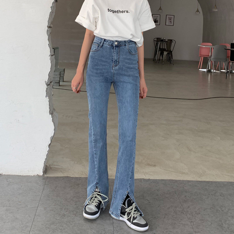 蓝色微喇开叉牛仔裤女2022春款高腰显瘦黑色阔腿分叉拖地喇叭裤子