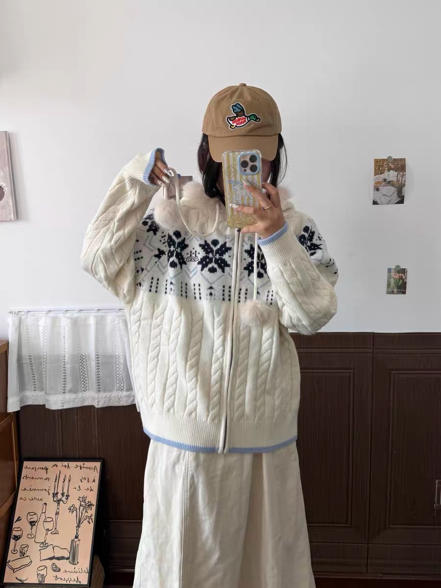 F426国潮牌春季新款情侣百搭连帽毛领费尔岛毛衣ins潮