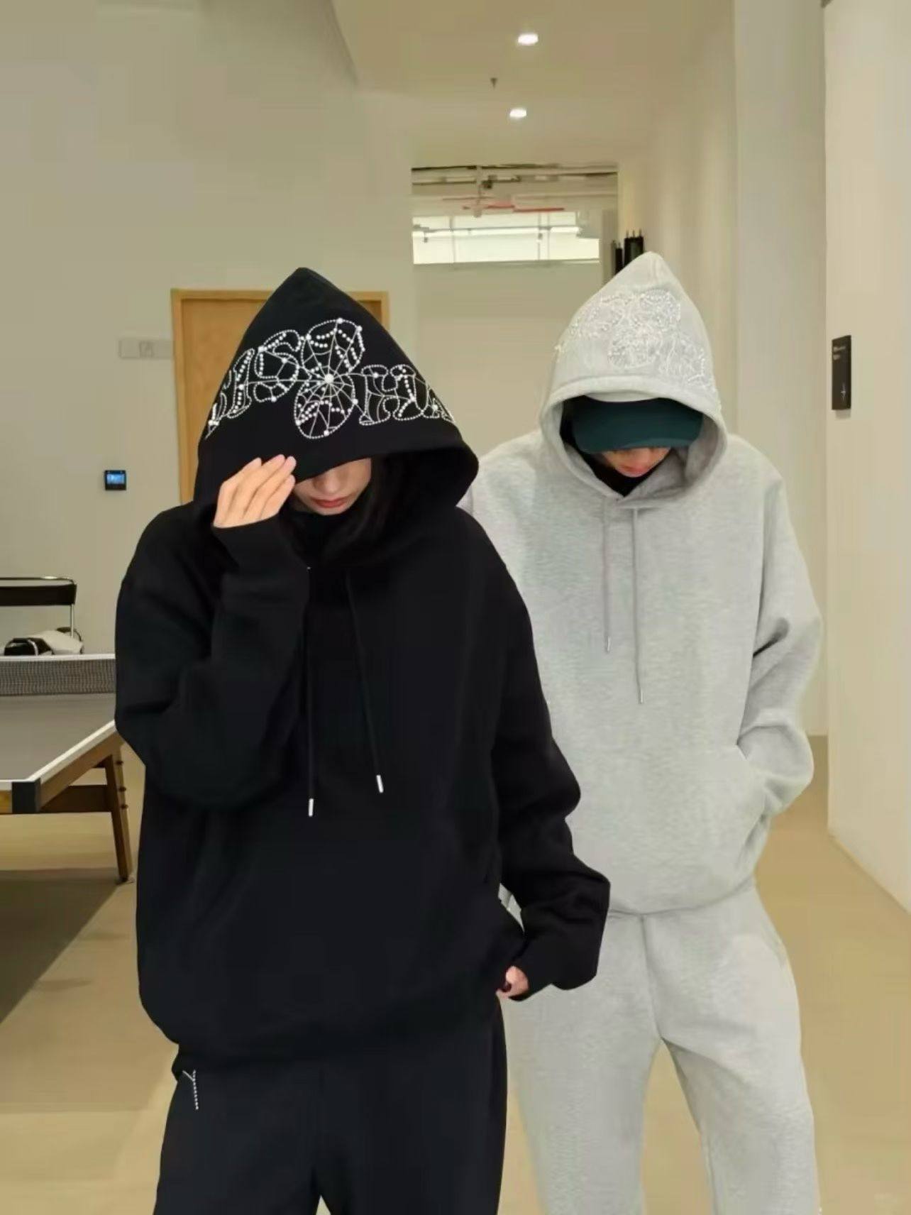 WHOOSIS(不知其名)蛛网刺绣钉珠帽衫连帽卫衣简约美式街头男女