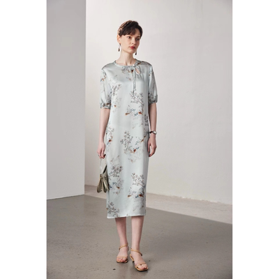 新国风气质款灰底印花桑蚕丝连衣裙-ML-469