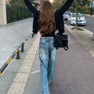 时尚 二丫yaya高腰阔腿牛仔裤 女春季 新款 子 闪电雪花纹直筒宽松裤