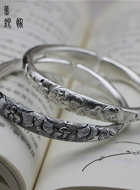 足银999牡丹镯子实心手环送女朋友闺蜜生日礼物镯小蛮腰银手镯银