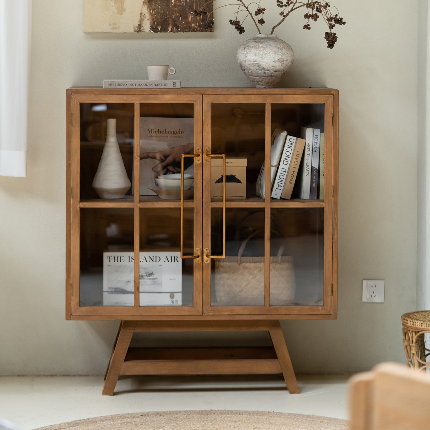 润家家居实木玻璃门储物柜原木收纳柜复古拉手置物柜家用展示柜,住宅家具,家用陈列柜,淘宝优惠券,粉丝福利购,淘宝优惠卷