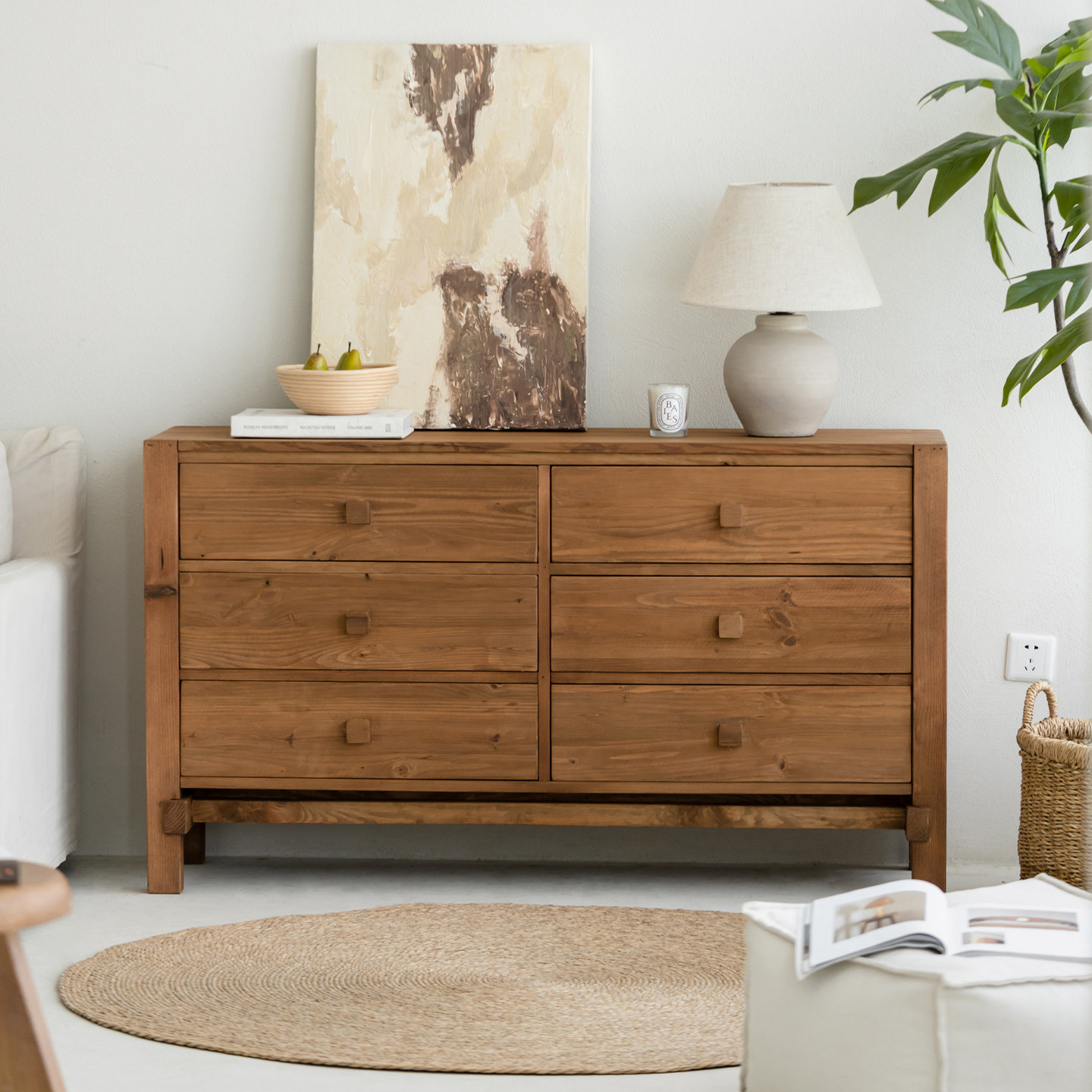 润家家居简约实木六斗柜客厅原木餐边柜卧室抽屉收纳柜松木储物柜