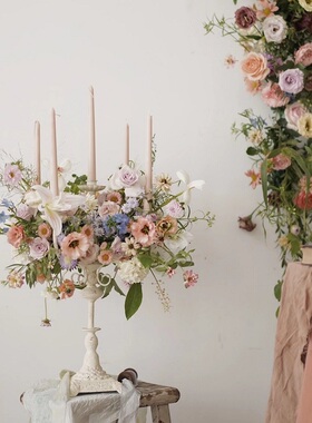 润家家居浪漫欧式五头烛台餐厅婚礼铁艺ins风白色古典餐桌蜡烛台