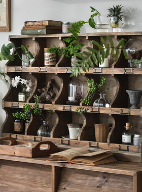 润家家居复古实木桌面置物架做旧杯架多宝格收纳架展示架格子柜