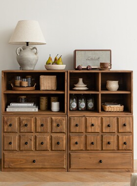 润家家居垒垒柜复古实木卡门柜中古格子柜客厅边柜卧室模块组合柜