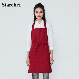 绣花时尚厨房围裙男女厨房饭店广告围腰厨师工作围裙定制logo印字