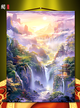 仙家堂口山水画挂画竖版香堂暗堂客厅人间仙境风景画3尺3仙堂装饰