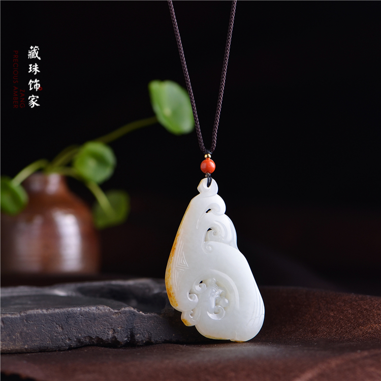 藏珠饰家 天然和田玉籽料吊坠 苏工精雕 凤凰图腾 留原皮精品04