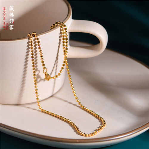足金手工錾刻古法黄金圆珠项链