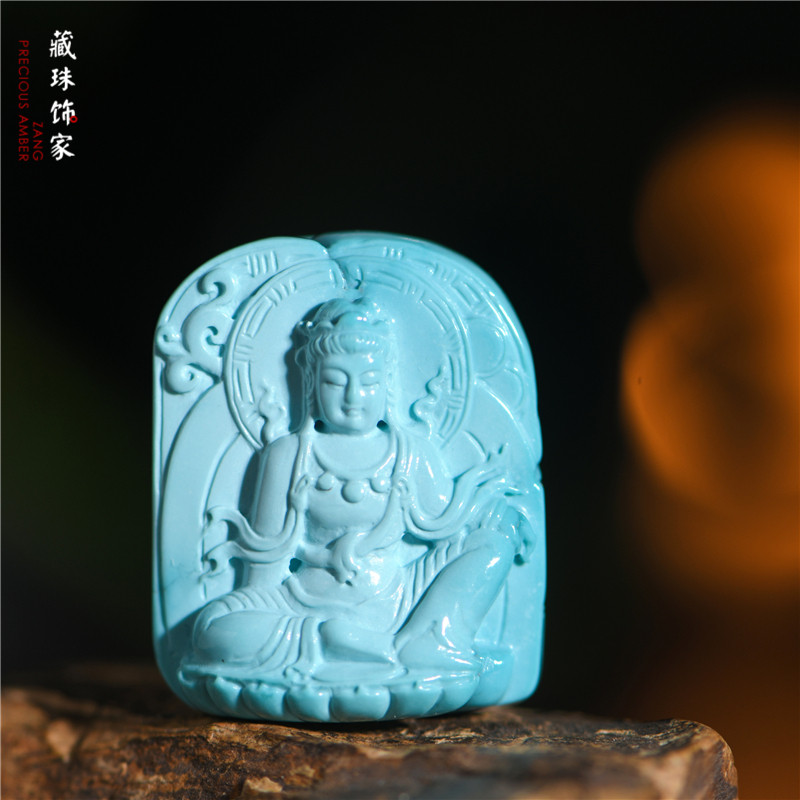 藏珠饰家 天然原矿高瓷湖北绿松石苏工精雕刻件 文殊菩萨吊坠挂件