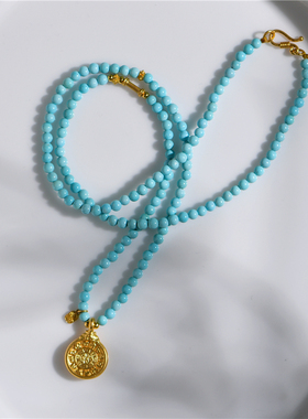 绿松石搭配錾刻足金九宫八卦项链