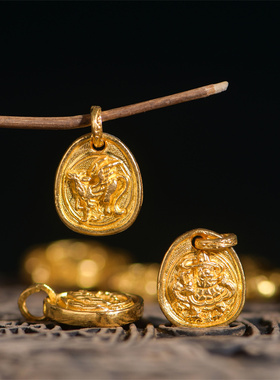 足金錾刻古法黄金山海灵系列吊坠