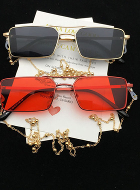 墨镜带链条红色凹造型小脸太阳镜