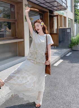 法纯奶甜套清装裙女夏季B190-265新款镂空苏罩衫恤半身裙流三件式