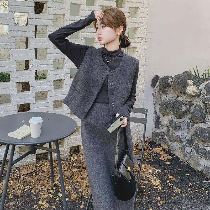 气质小香风套女裙早新款灰色毛呢C077-255针织衫装马甲半春身三件