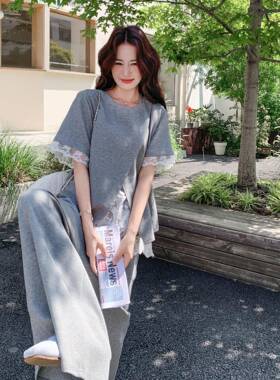 灰色韩系懒拼松弛感穿搭套装女慵夏蕾C060-263风丝接恤阔腿裤两件