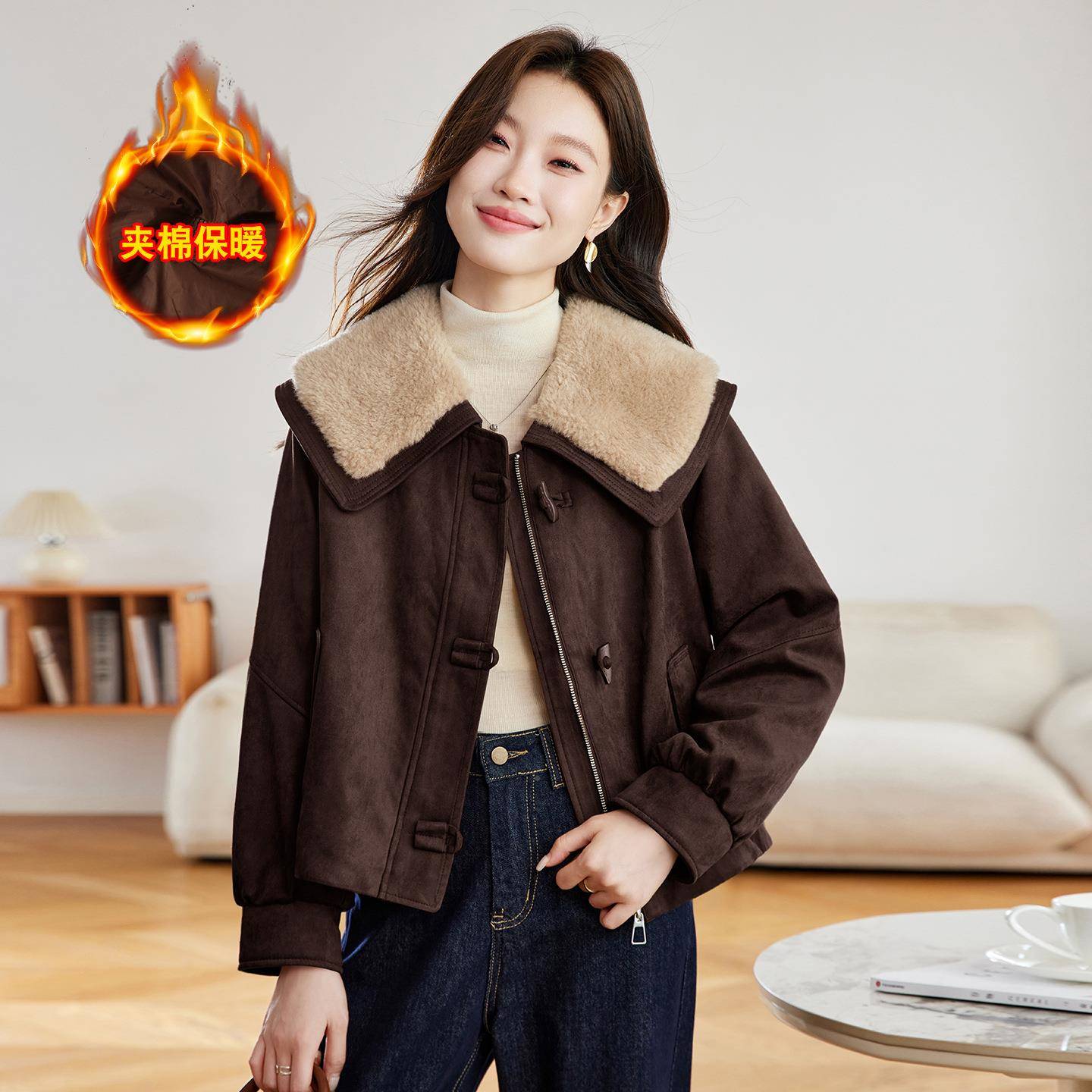 休2闲MZ8668-1简约外套女205冬季新款洋气减6龄显瘦大毛领棉上衣