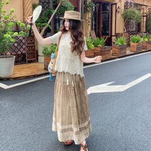 夏新罩款钩AG2621-0镂花空针织衫无袖马甲套背心印花半裙三件裙