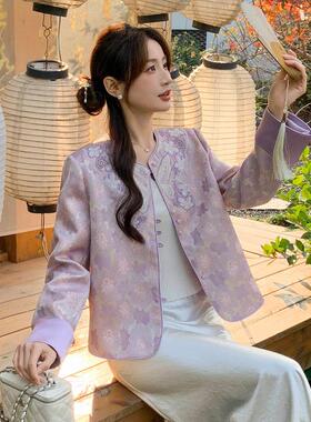 春季新CB8606-0款长女装中式气新质面盘扣缎重工提花卷边袖外套