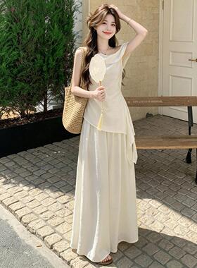 D056-810白色不则斜米规肩上衣阔腿裤套装女夏新款穿韩系气质一整