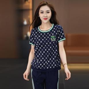 新花薄款 休閑跑7749260步服兩套件款 透氣圓領套頭印夏季 套裝 短袖