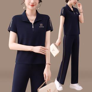 冰丝运动套夏装女新款时身尚89899412修显瘦翻领短袖长装裤休闲两