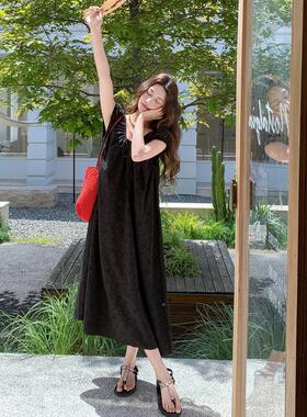 黑色盐绝系轻熟懒慵风女提花连衣裙夏季新款高级C172-X26感美气质