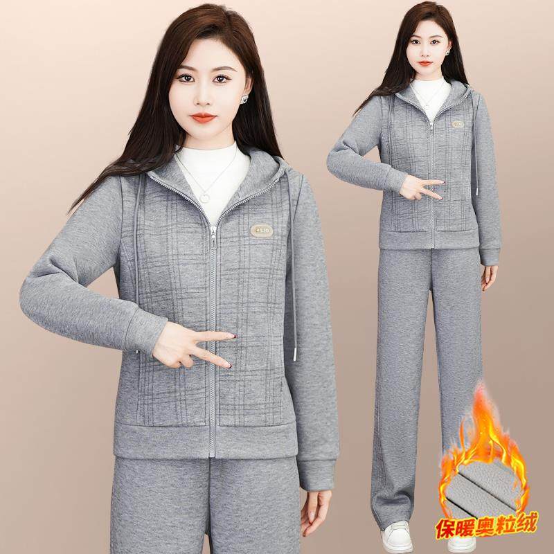 运动装女秋冬新款洋气妈妈加绒加845516厚连套帽衣休闲卫跑两步件