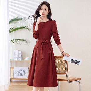 连衣裙新款季女新款装气质时简约长秋袖收腰SW1865中长裙配尚腰带