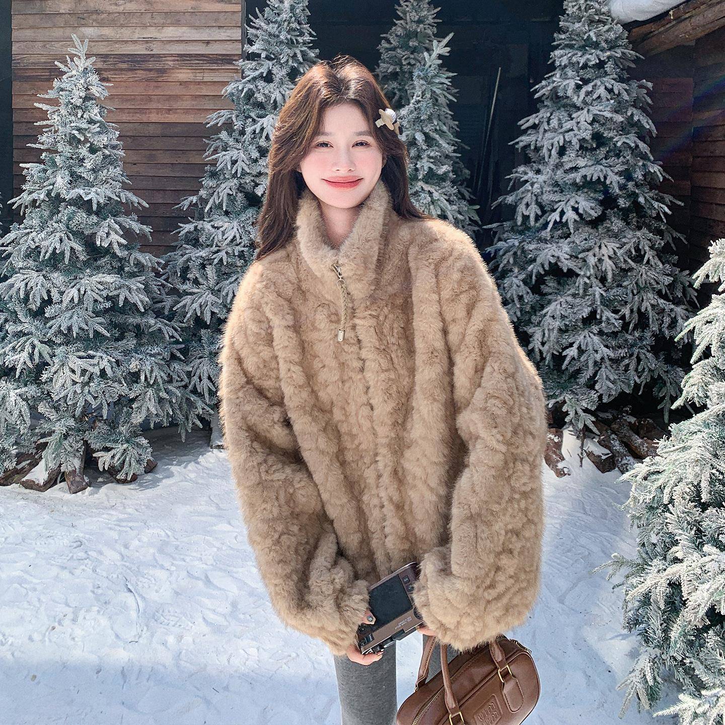 卡其b19-251色高级仿毛绒外套女冬加草绒毛加厚仿皮一体皮立领上