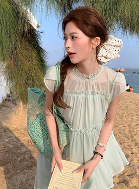 浅绿C528-272色雪盐阔新甜系穿搭龄纺娃娃衫套装夏款休闲腿裤两件