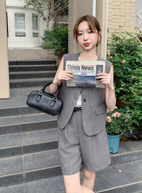 灰色简约设计单排扣西C66-260装装马甲女夏套季新感款高腰短裤两