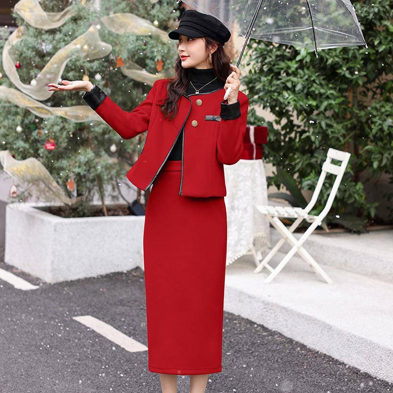 香风灰色计感呢外套半身裙套装女冬装法式气质粗ZHAN5148毛花设呢