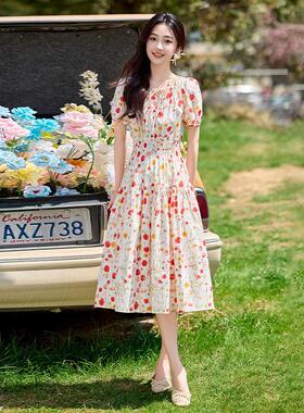 夏瘦季款NI2903-0女装气质时花尚圆领短袖印长款显连新衣裙女