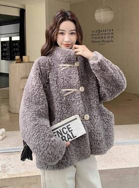 灰色复慵懒古立领羊毛C21-915外套风女保暖加厚仿皮毛一体羔毛绒