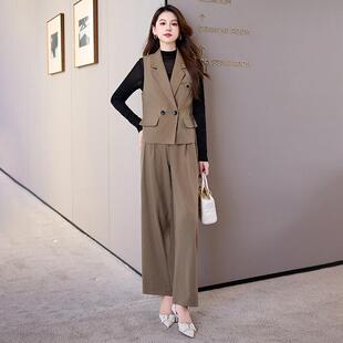 秋季腿款女装时尚套装洋气马甲针新衫阔裤HM8272-0三件织套装