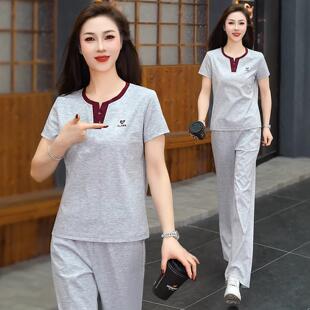 休闲动套装女夏季大款短袖长裤冰丝码两运件套新洋115-9678气减龄