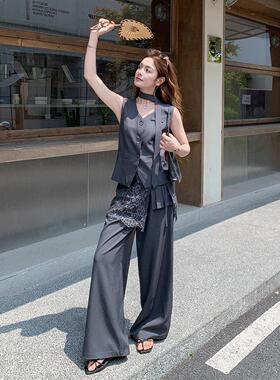 灰色众轻熟风气套装女质新小领马C339B-28甲蕾款丝屁帘阔腿裤两件