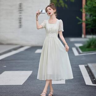 初恋复古泡泡袖方连衣风裙ZH5010-0女仙夏季领气质温柔女中长裙