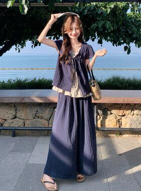 D052-C55松感假两件短袖套女装夏季新款韩系泡袖泡上弛衣阔腿裤两